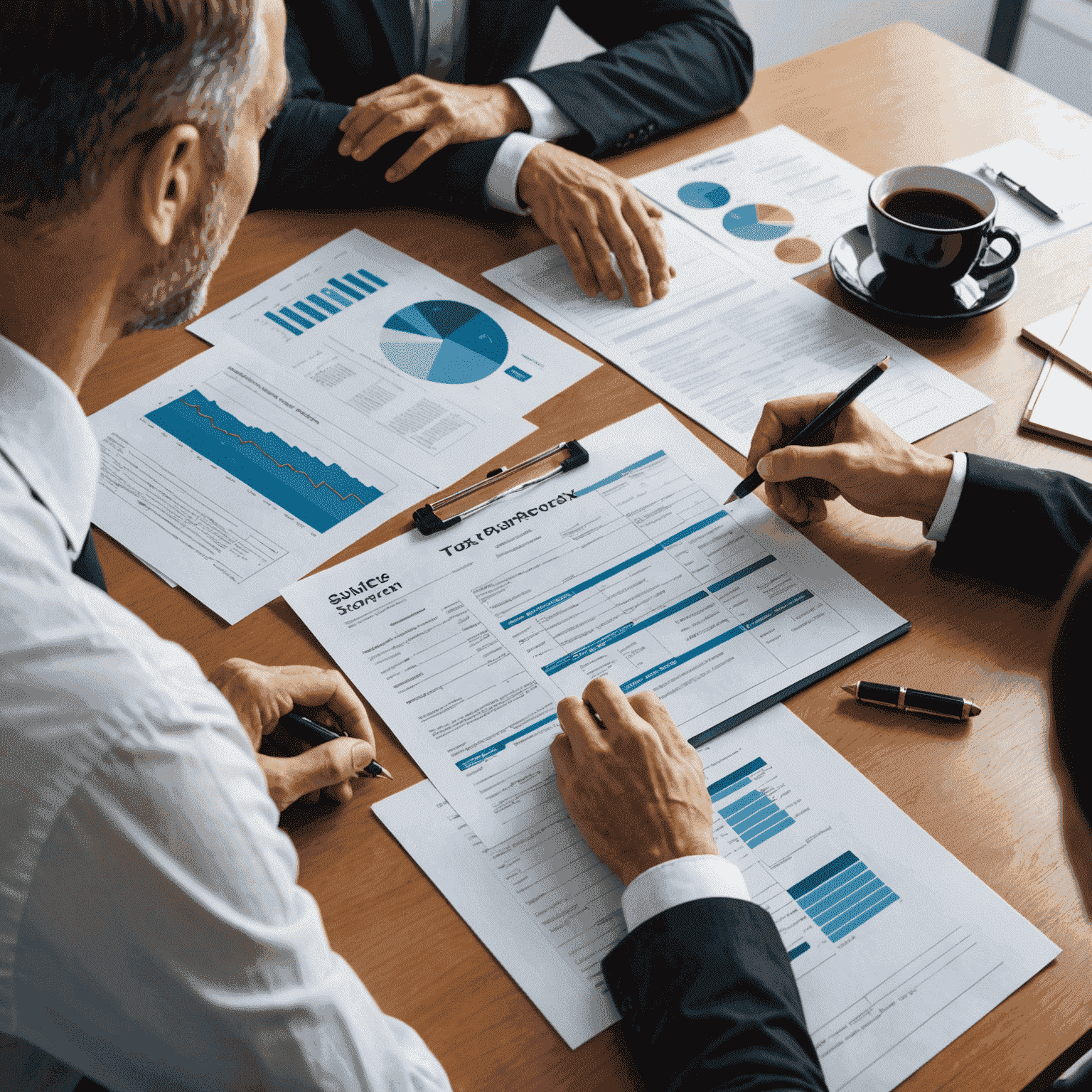 A professional tax consultant discussing tax planning strategies with a client, with various financial documents and charts on the table