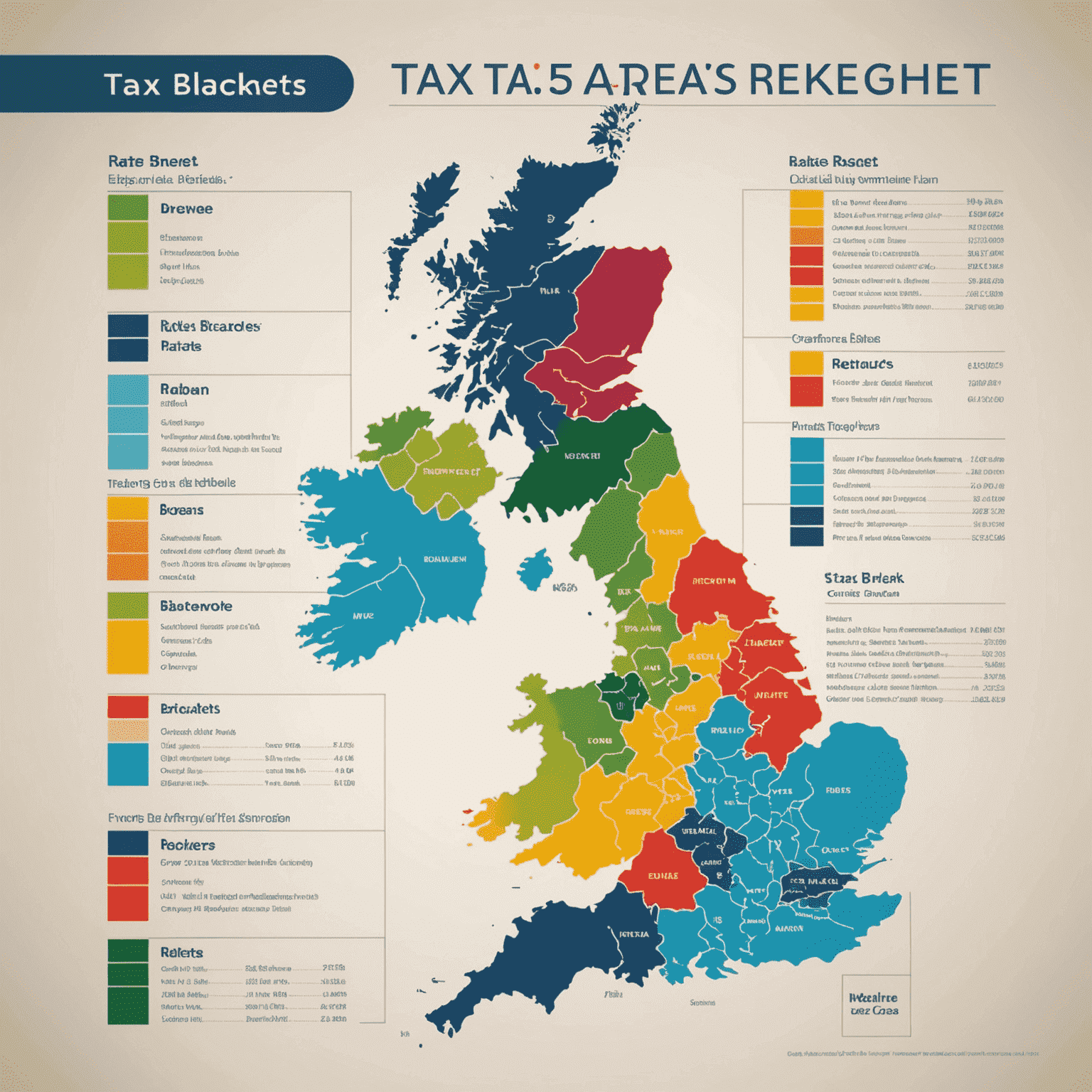 A chart displaying the various tax brackets and rates in the UK, with different colors representing each bracket